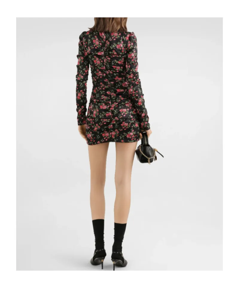Small Rose Bouquets-Print Long Satin Dress