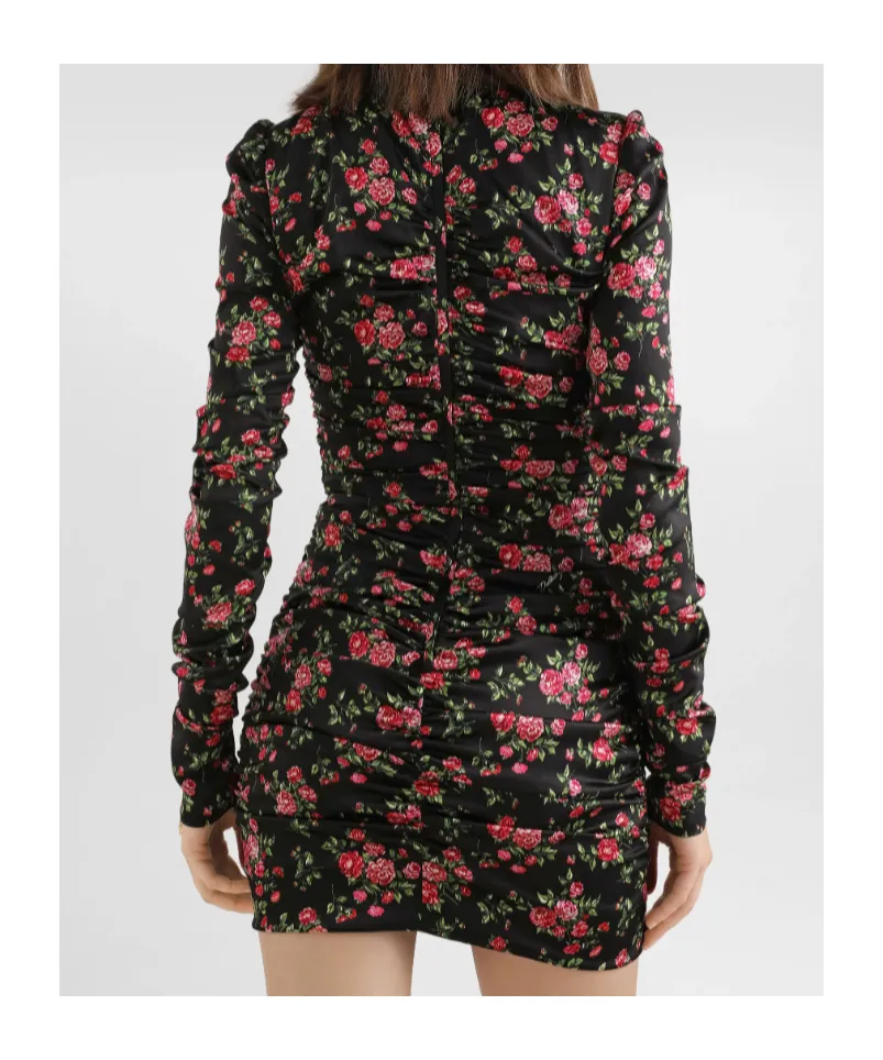 Small Rose Bouquets-Print Long Satin Dress