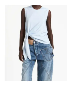 Hem Knot Tank Top In White & Blue