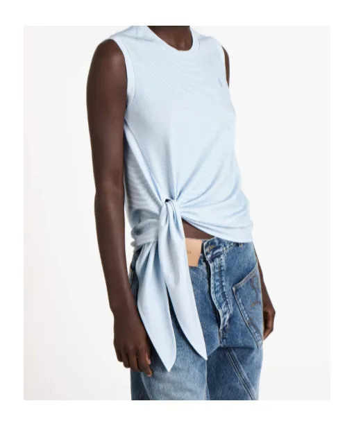 Hem Knot Tank Top In White & Blue