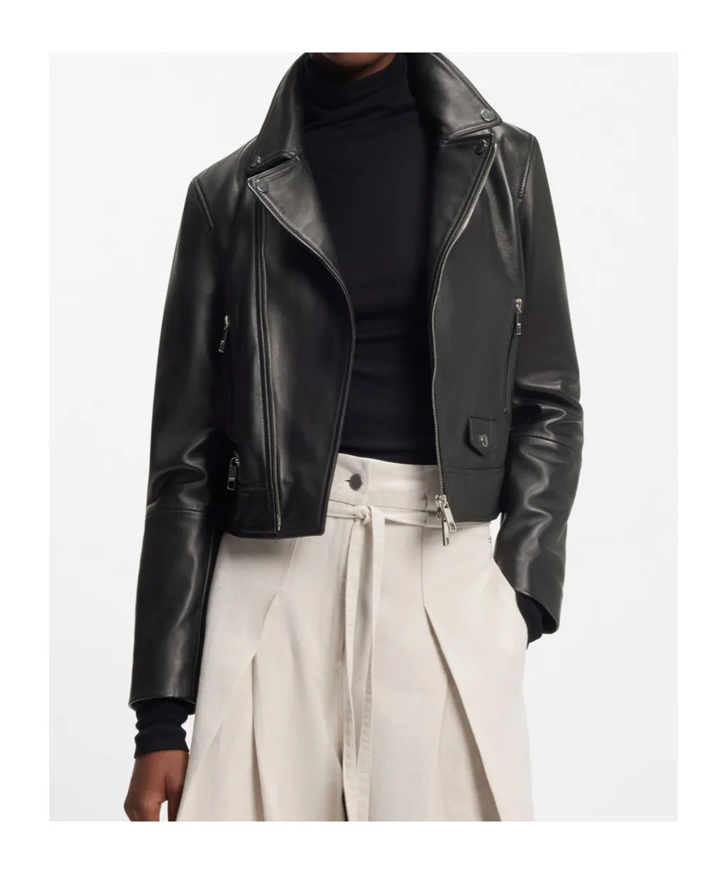 Front-Zip Leather Biker Jacket
