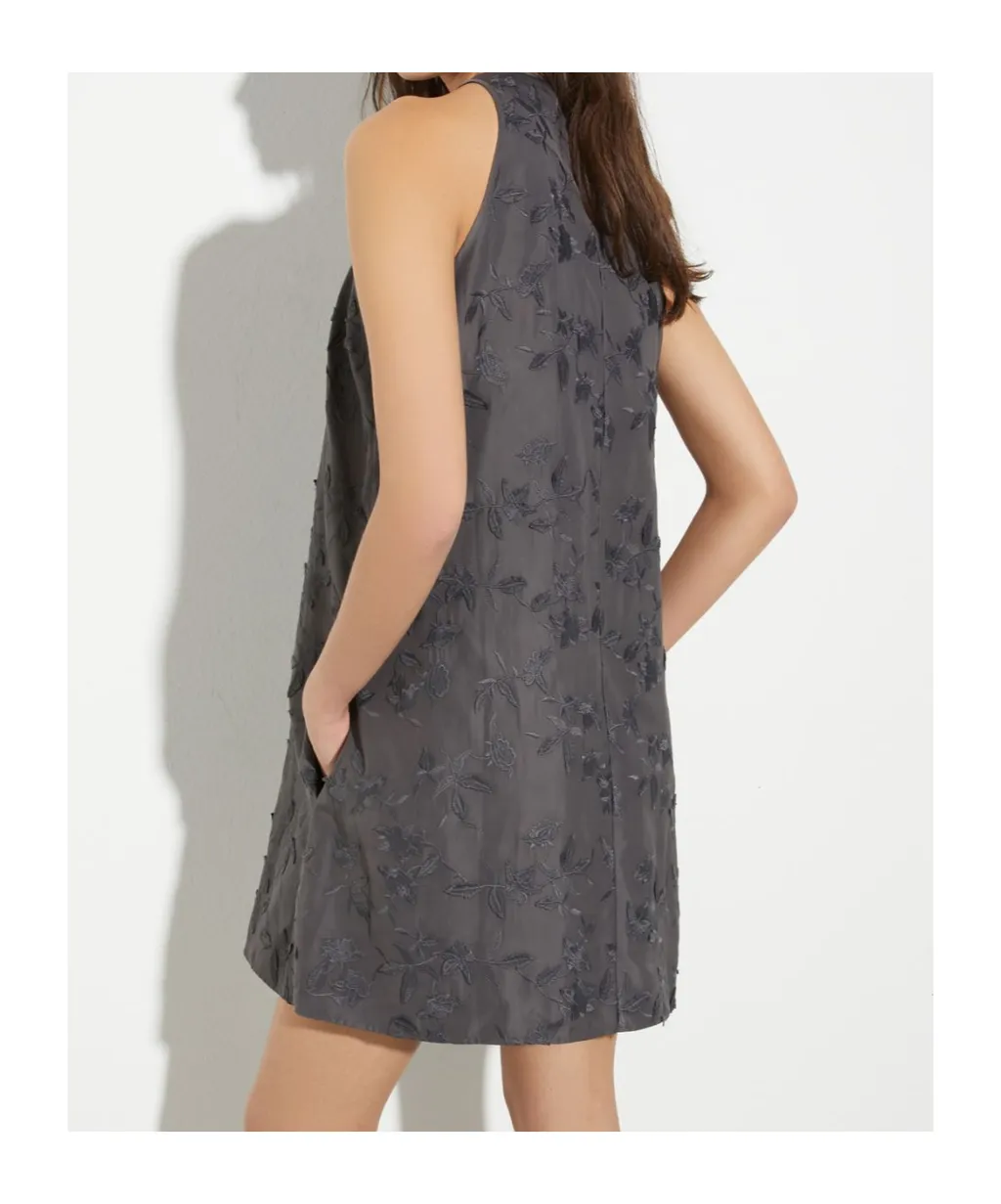 Embroidered Taffeta Shift Dress