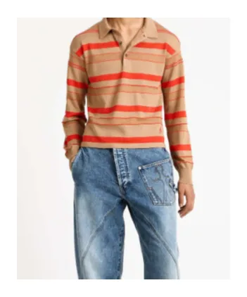 Knitted Striped Rugby Polo Top In Biscuit