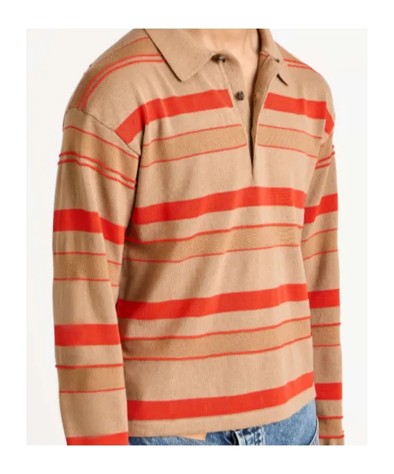 Knitted Striped Rugby Polo Top In Biscuit