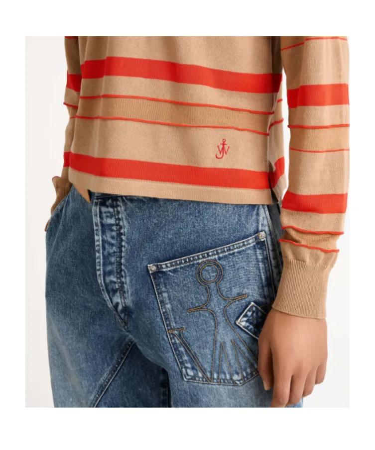 Knitted Striped Rugby Polo Top In Biscuit