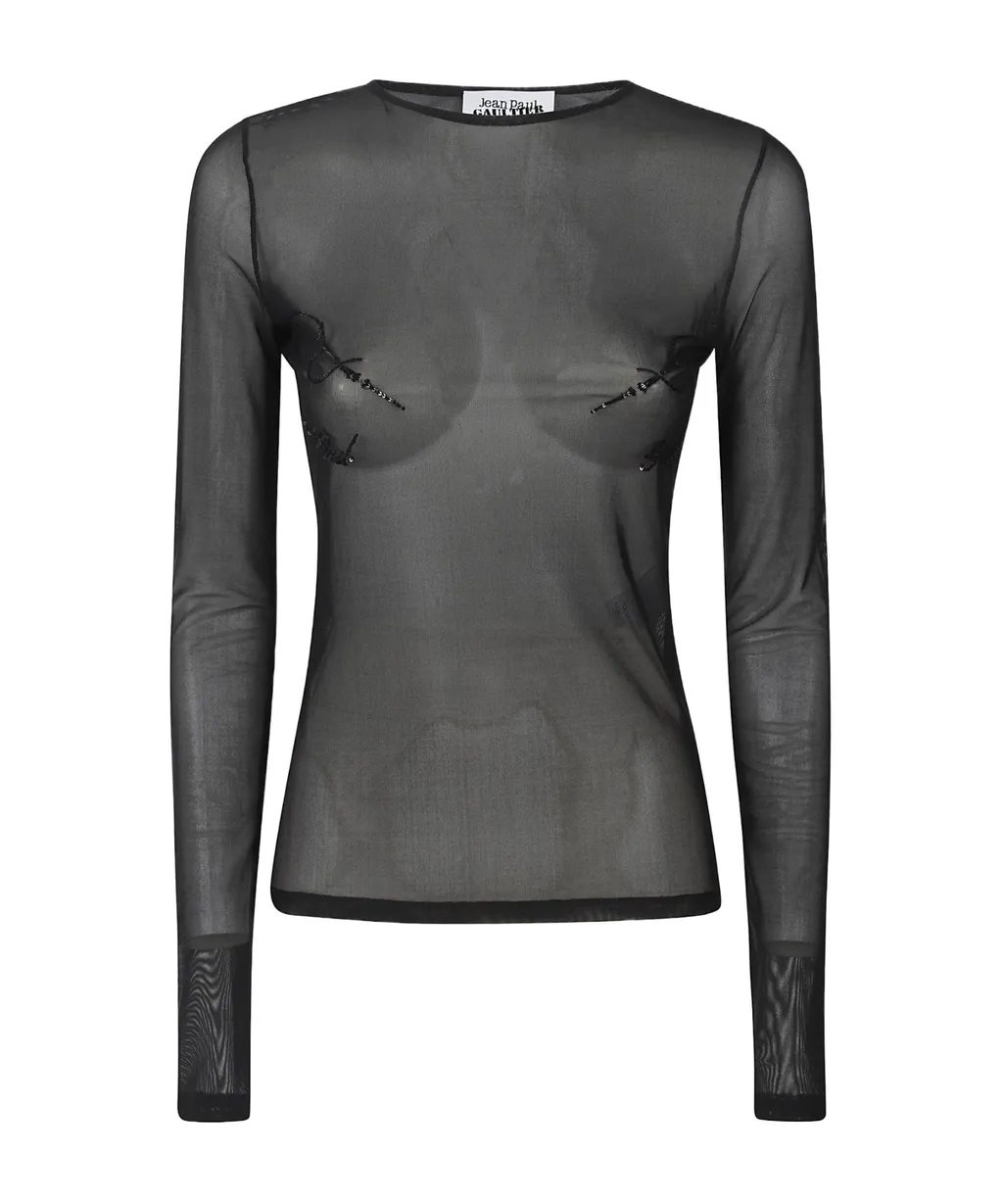 Mesh Crewneck Long Sleeves Top Embroidered
