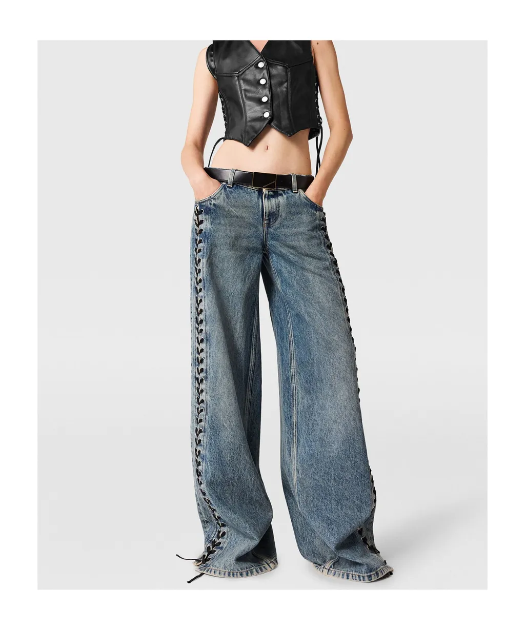 Wide-Leg Lace-Up Denim Jeans
