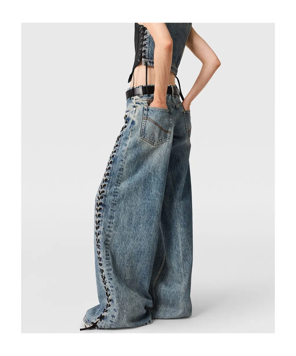 Wide-Leg Lace-Up Denim Jeans