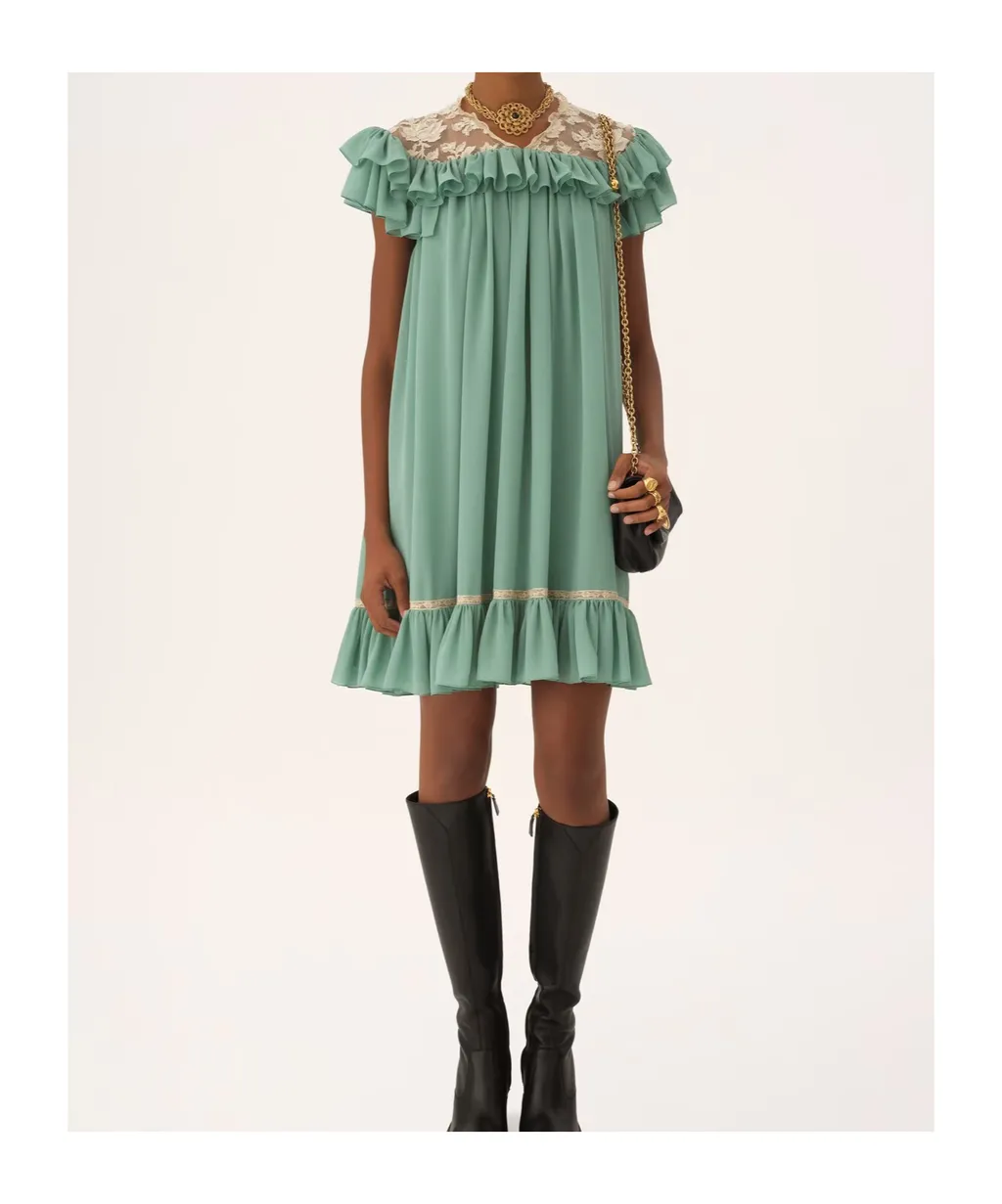 Short-Sleeve Mini Dress In Silk Georgette & Lace