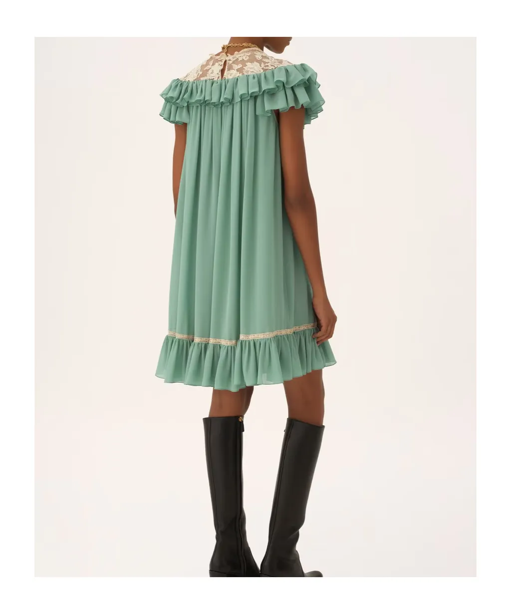 Short-Sleeve Mini Dress In Silk Georgette & Lace