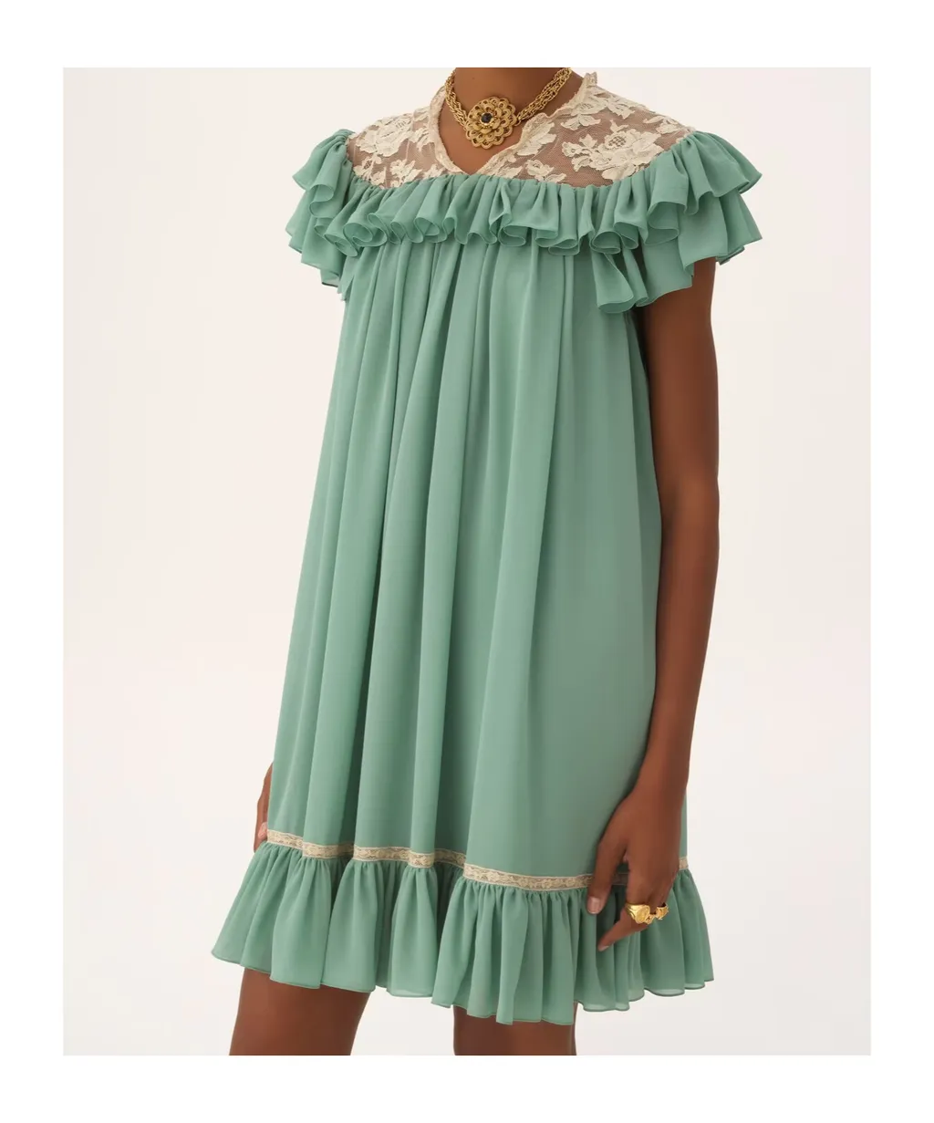 Short-Sleeve Mini Dress In Silk Georgette & Lace