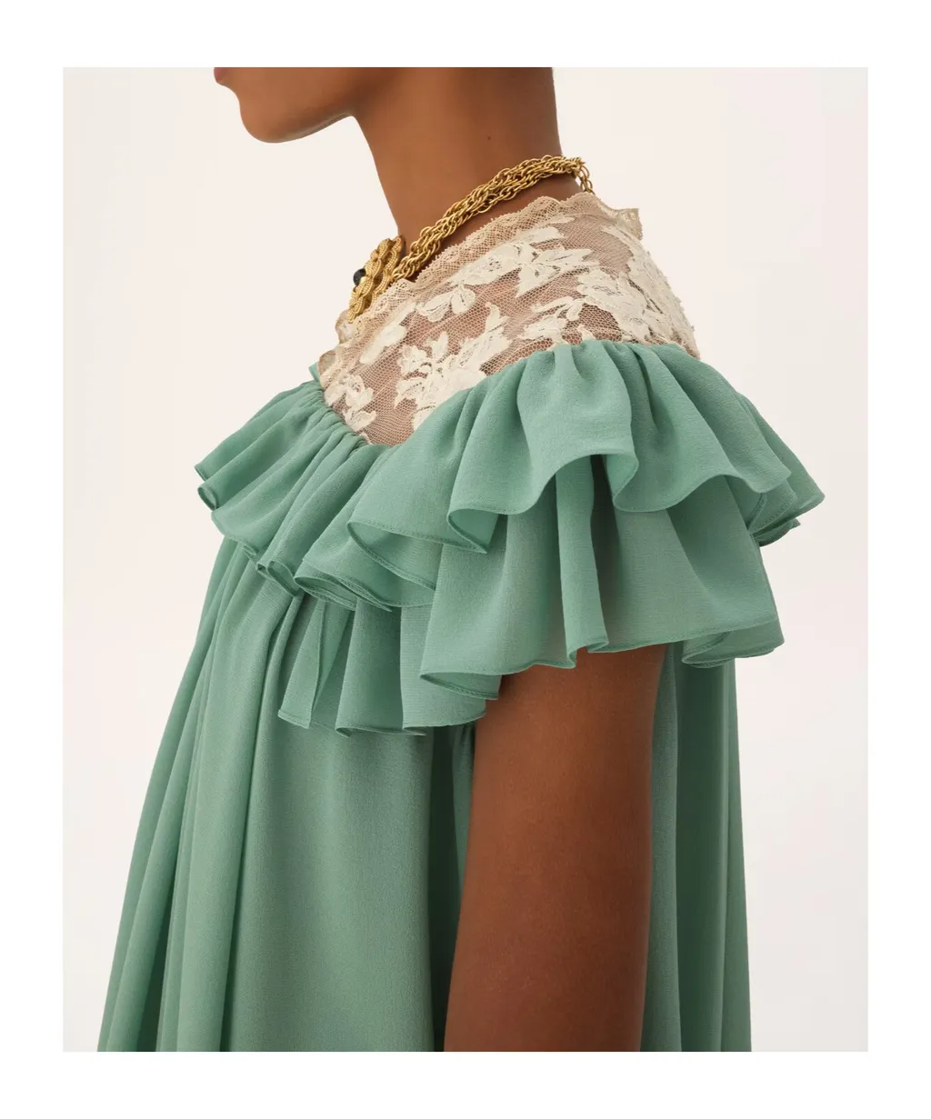 Short-Sleeve Mini Dress In Silk Georgette & Lace