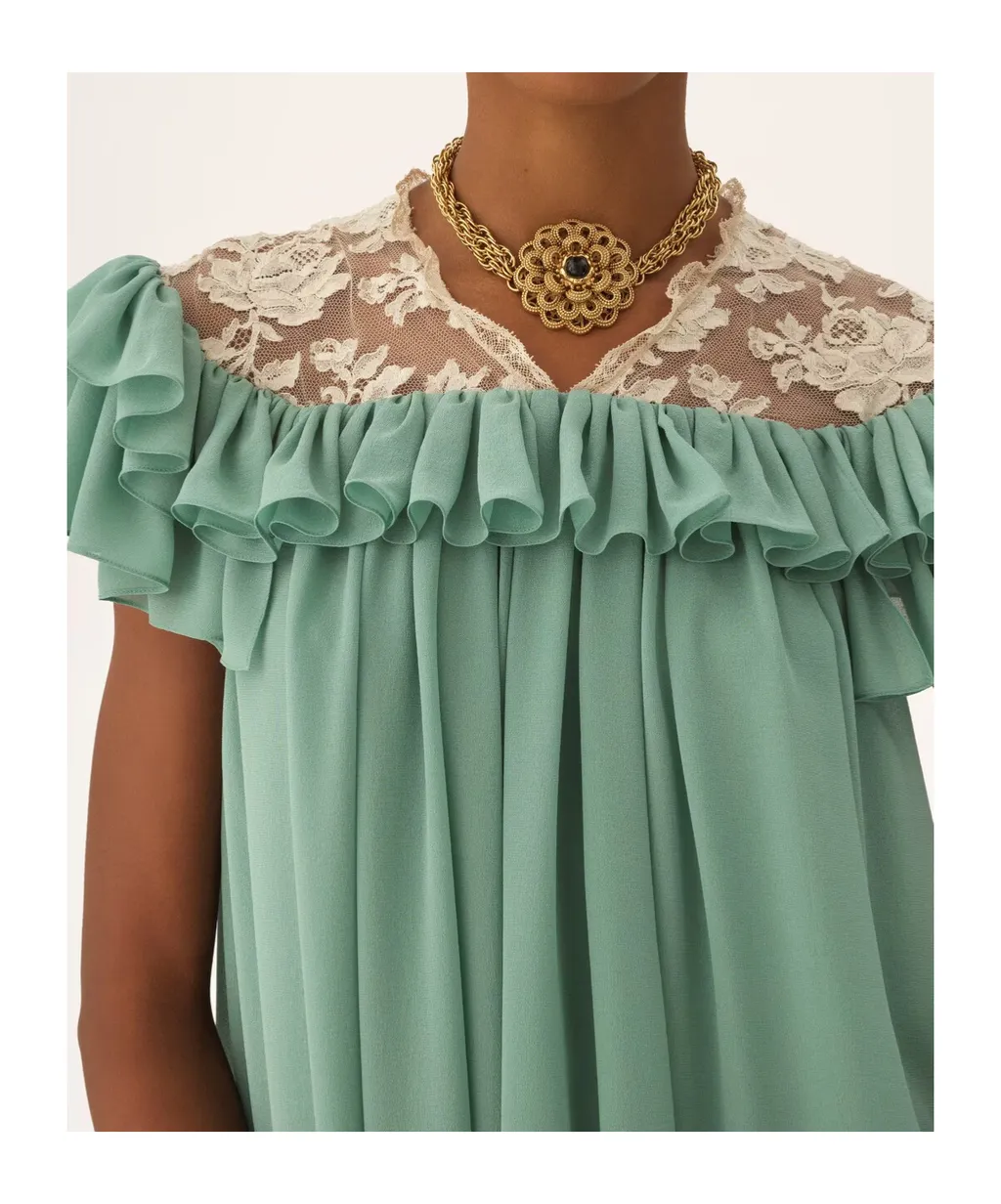 Short-Sleeve Mini Dress In Silk Georgette & Lace