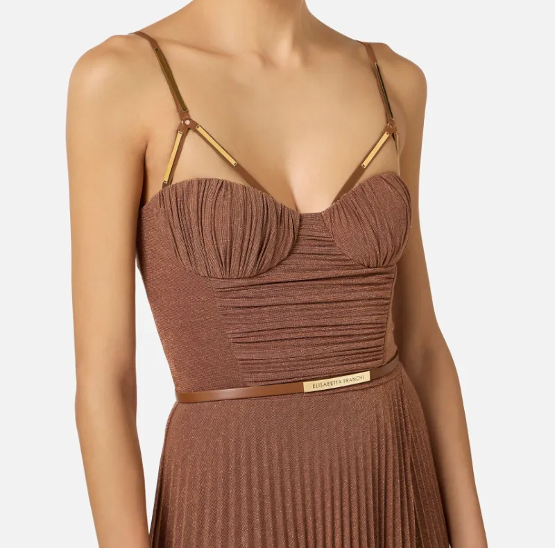 Elisabetta Franchi Pleated Spaghetti Strap Maxi Dress
