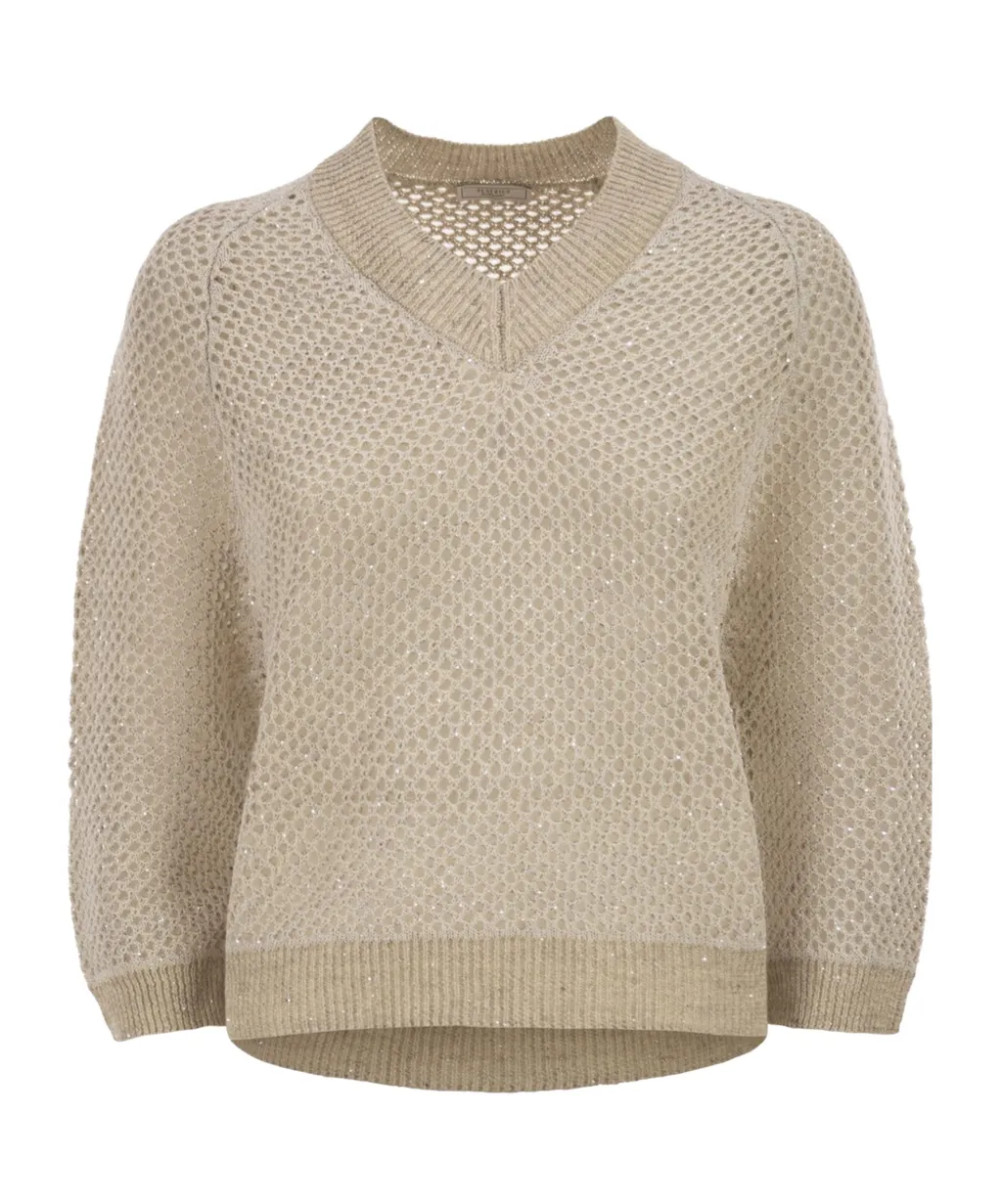 Peserico V-Neck Embellished Mesh Knit Top