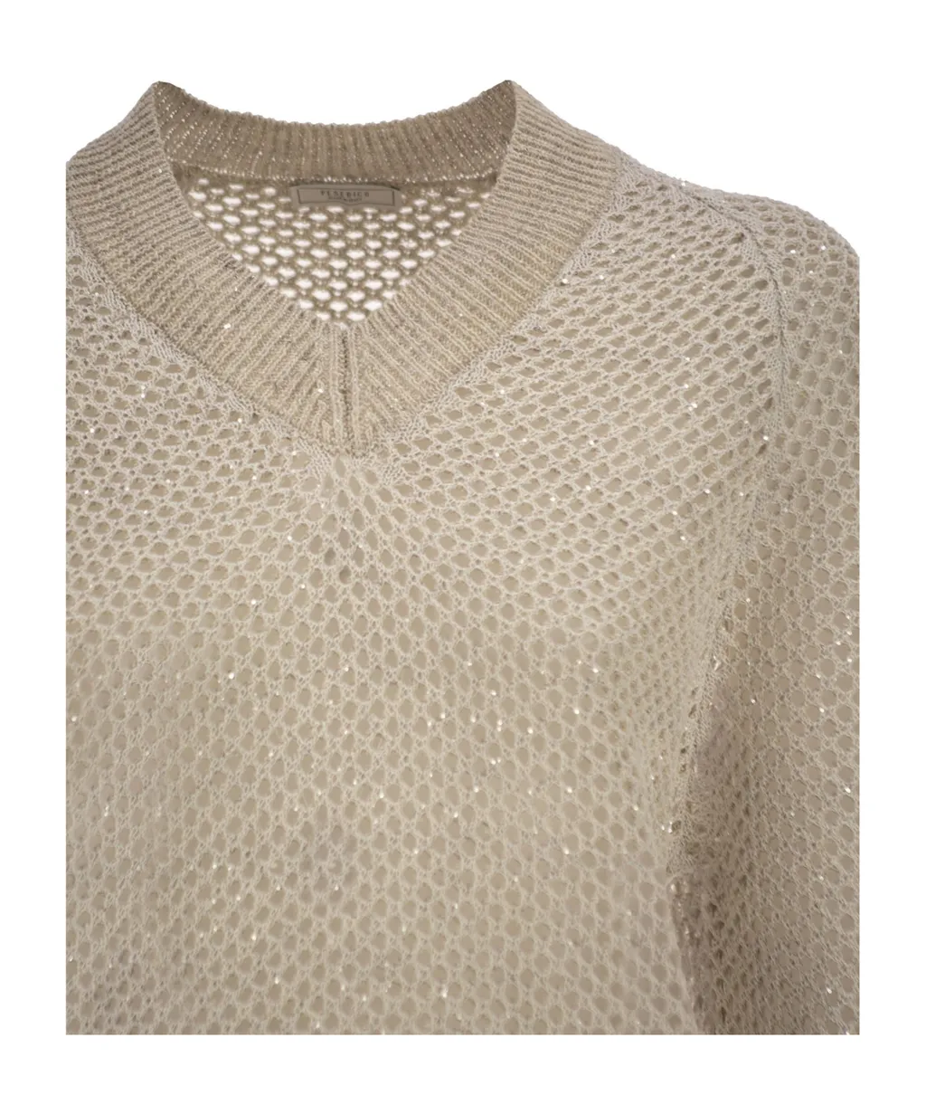 Peserico V-Neck Embellished Mesh Knit Top