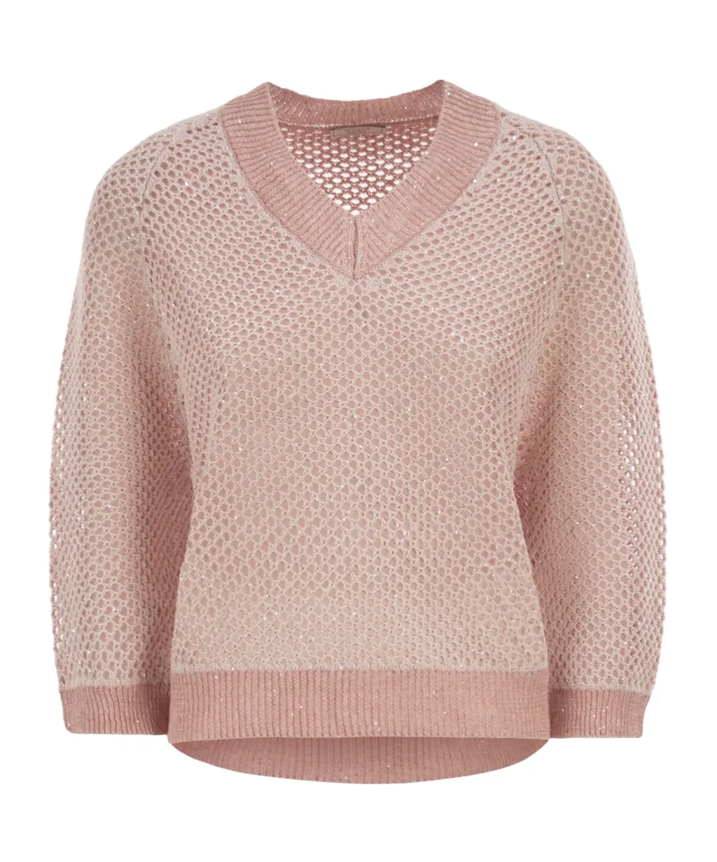 Peserico V-Neck Embellished Mesh Knit Top