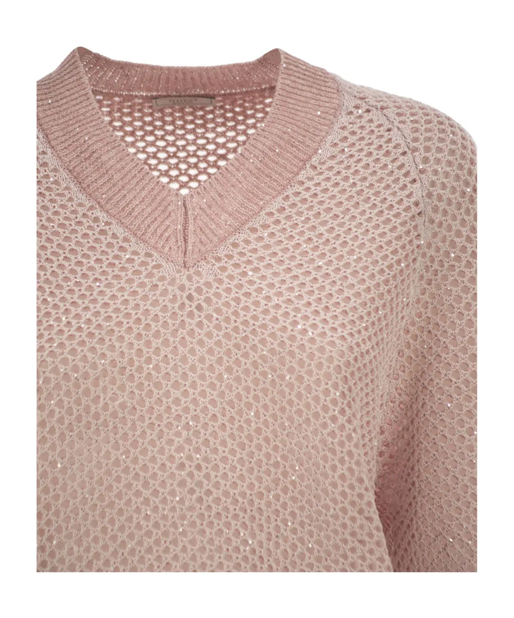 Peserico V-Neck Embellished Mesh Knit Top
