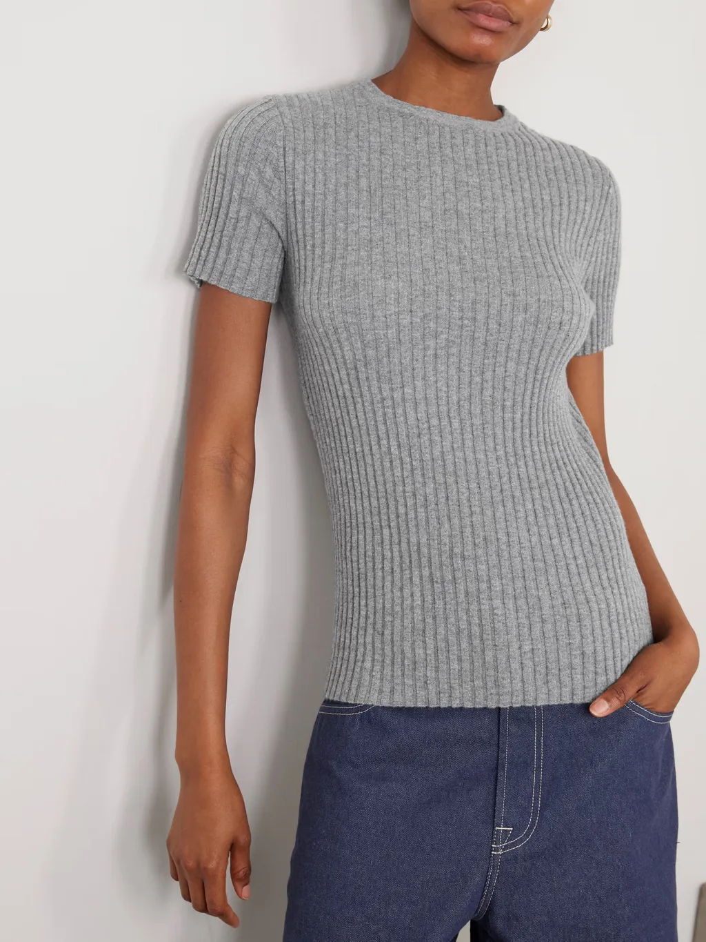 Ribbed Cashmere Short-Sleeved Knit Sweater