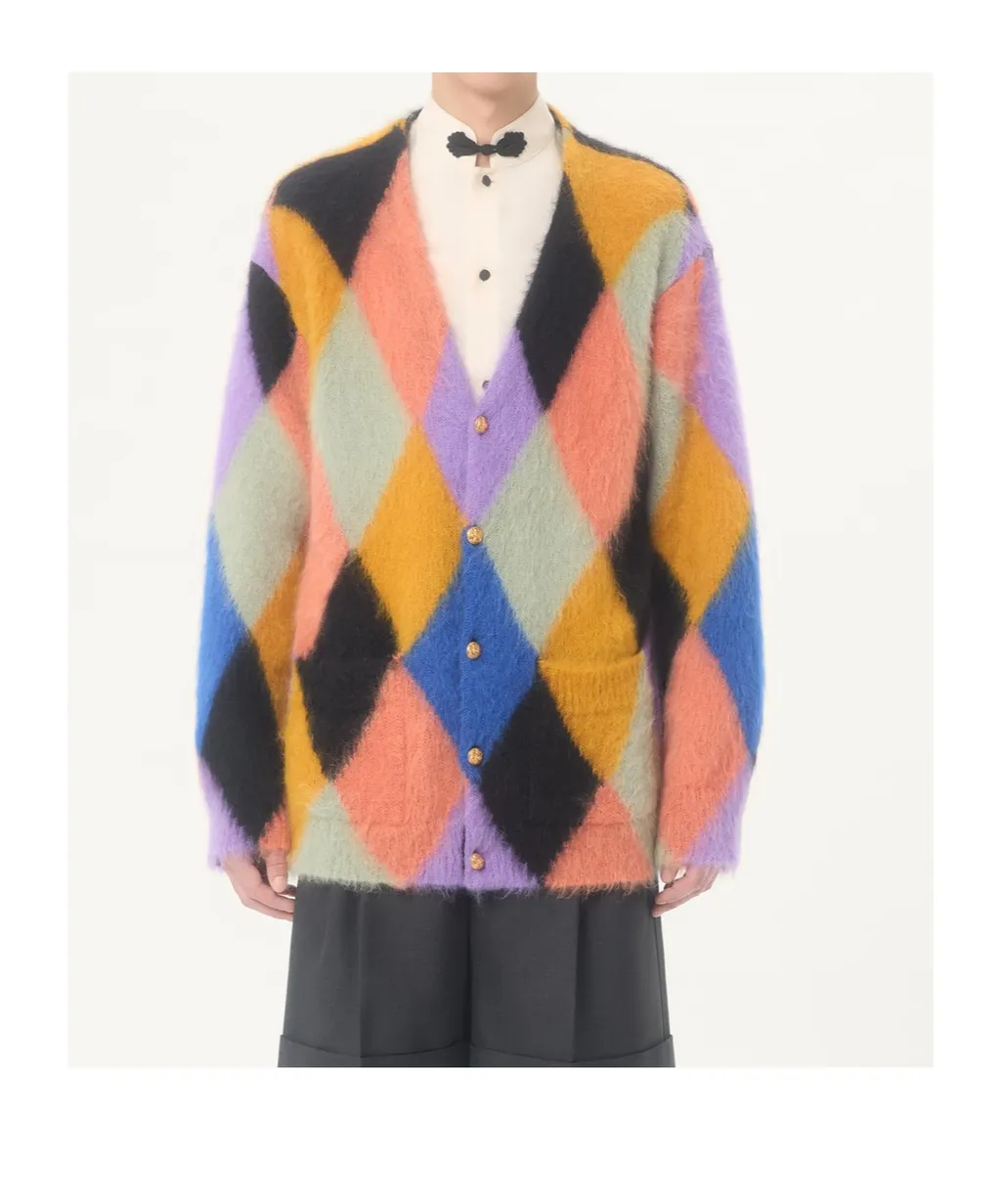 Rhombelle-Pattern Button-Up Cardigan