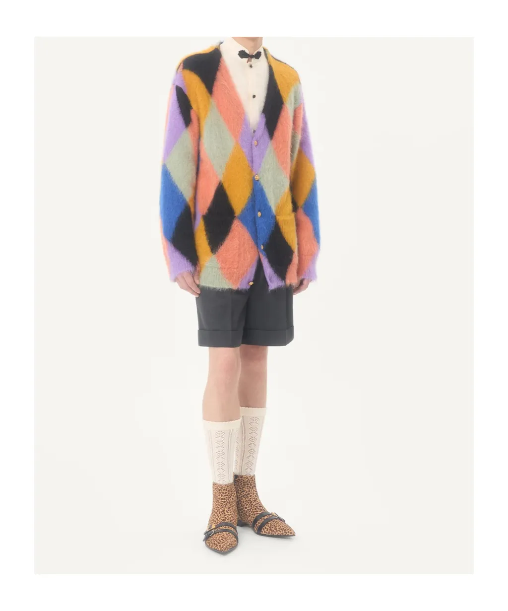 Rhombelle-Pattern Button-Up Cardigan