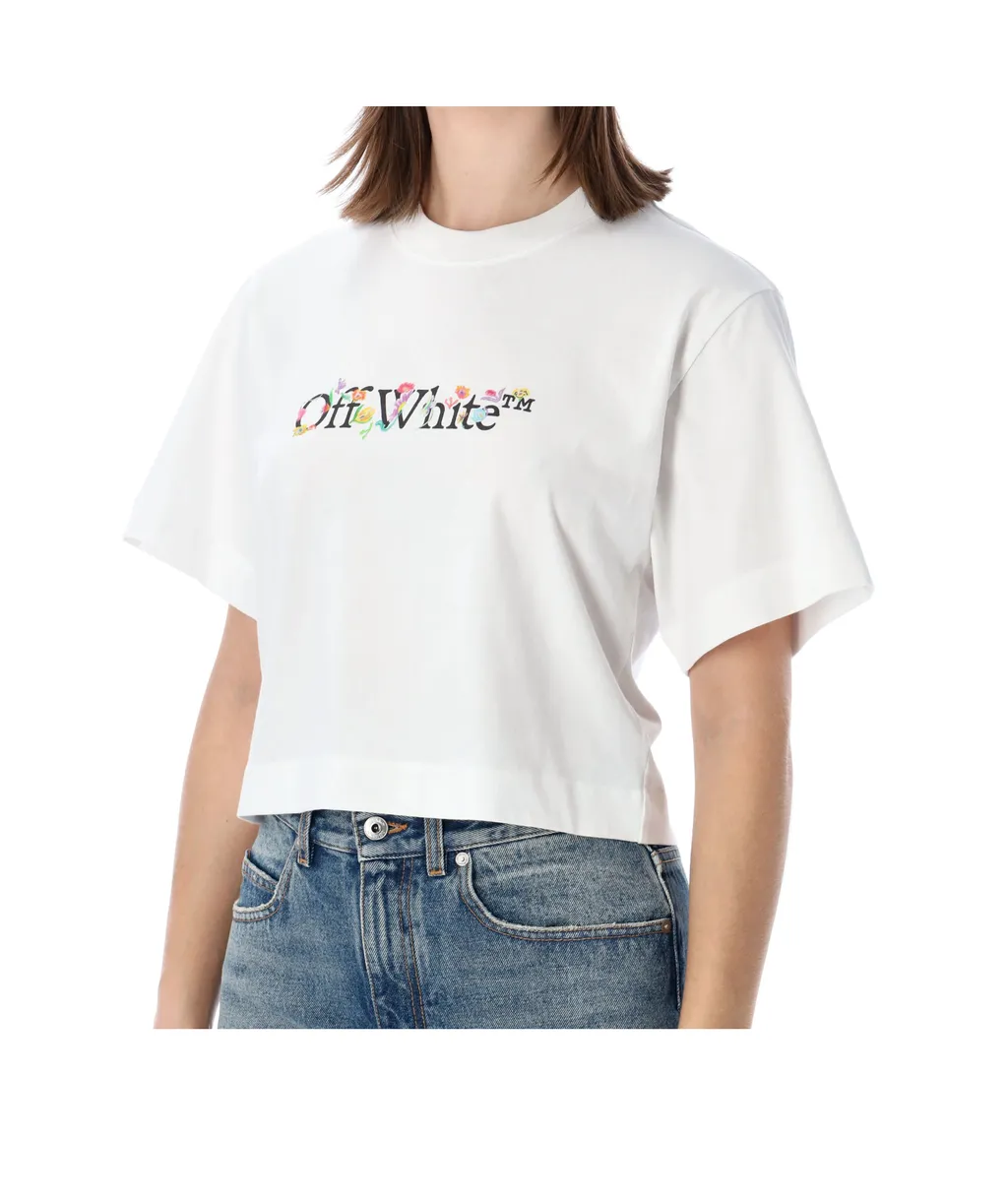Off-White Flower Printed Cropped T Shirt