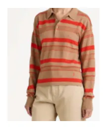 Knitted Striped Rugby Polo Top In Biscuit