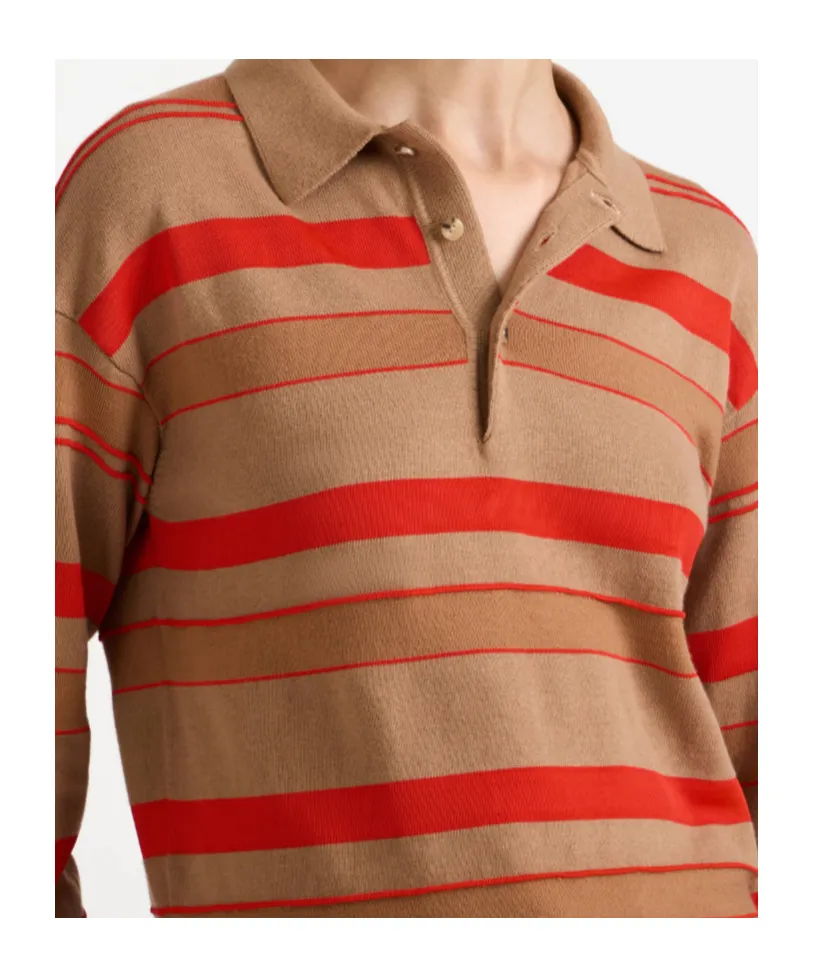 Knitted Striped Rugby Polo Top In Biscuit
