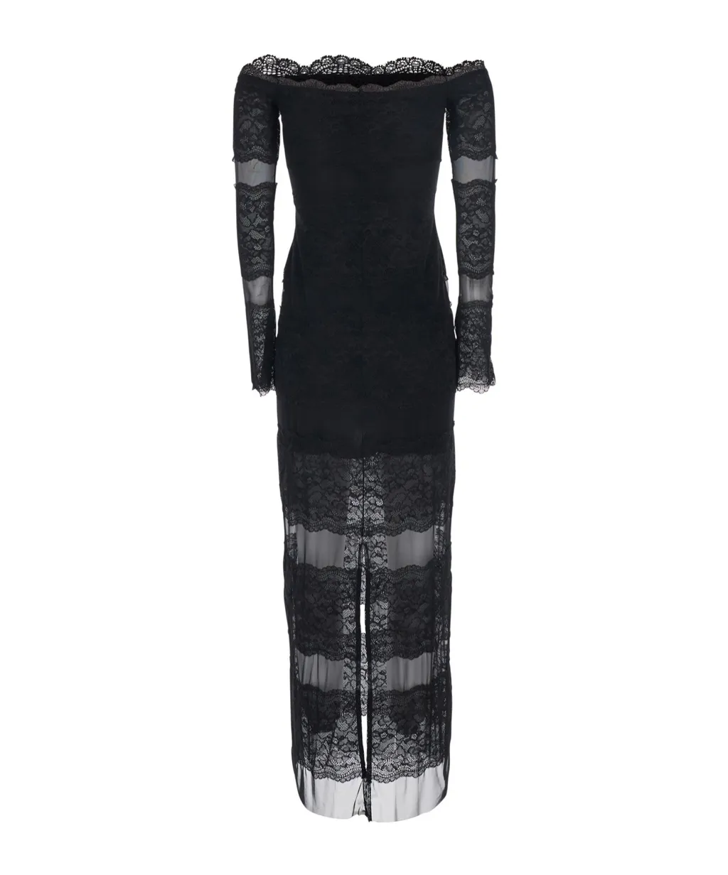 Blumarine Off-Shoulder Embroidered Lace Long Dress