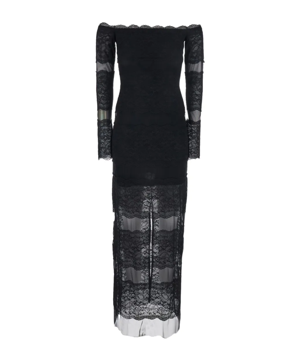 Blumarine Off-Shoulder Embroidered Lace Long Dress