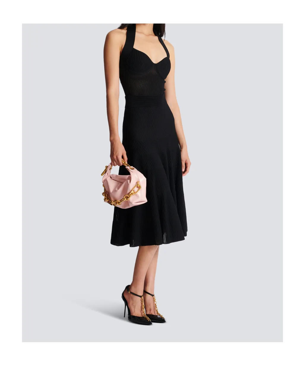 Balmain Halterneck Pleated Knit Midi Dress