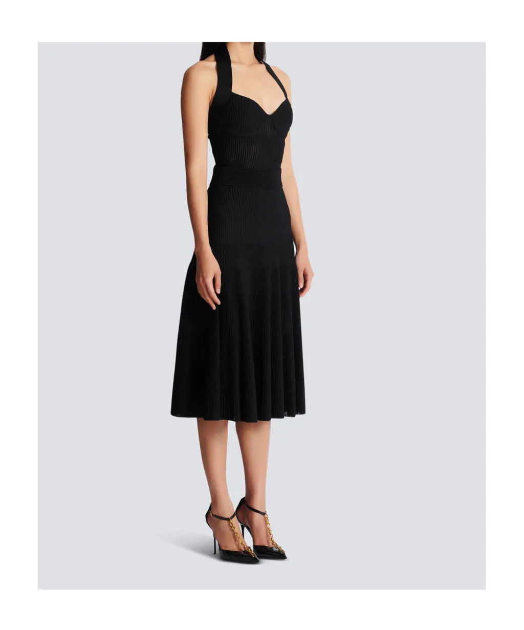 Balmain Halterneck Pleated Knit Midi Dress