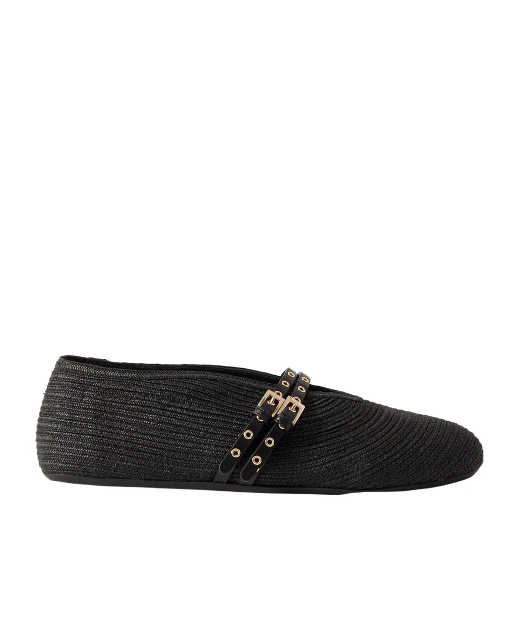 Leather-Trimmed Raffia Ballet Flats