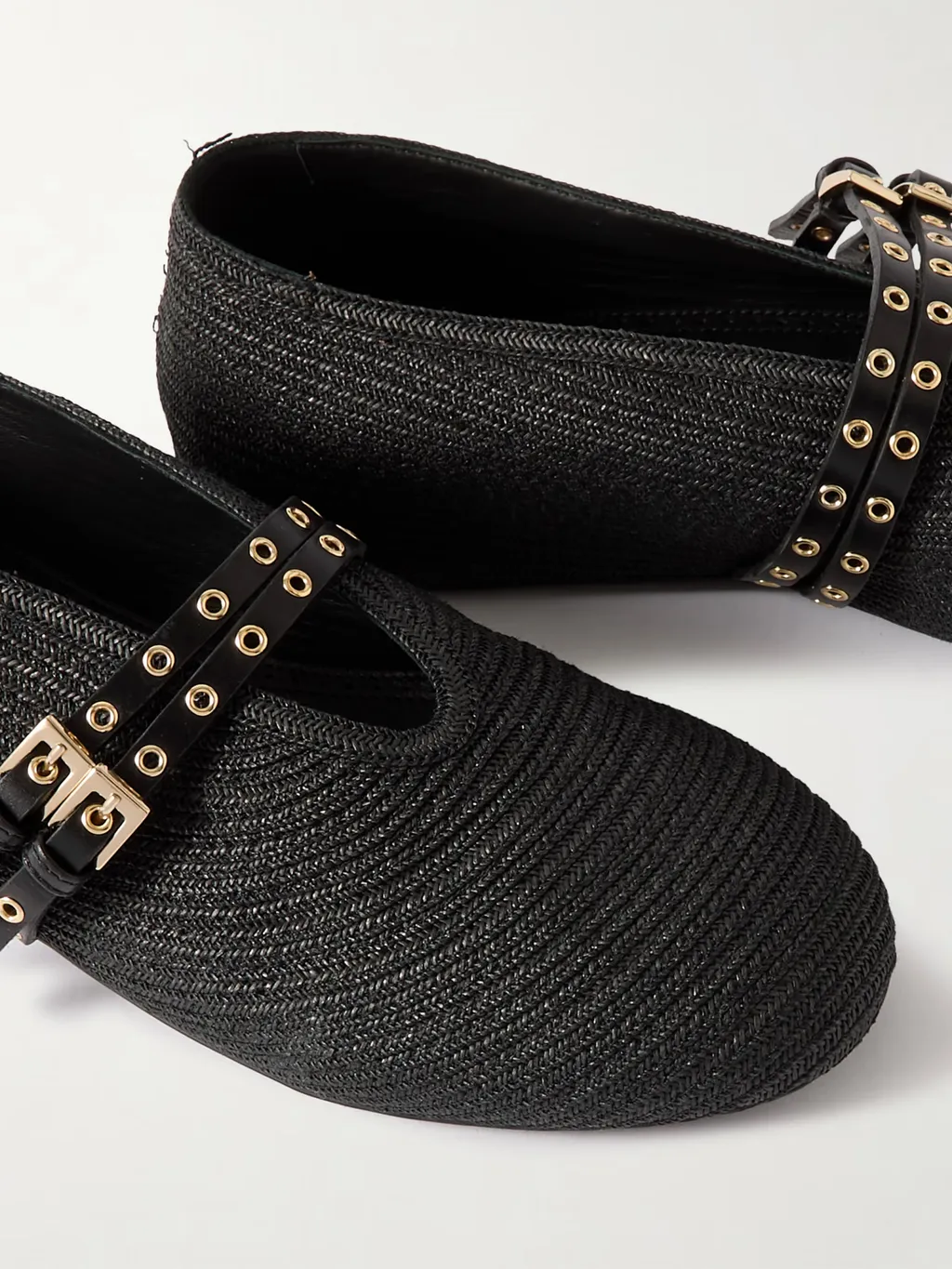 Leather-Trimmed Raffia Ballet Flats