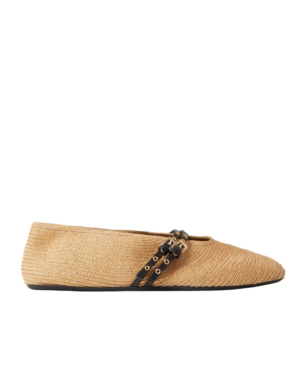 Leather-Trimmed Raffia Ballet Flats
