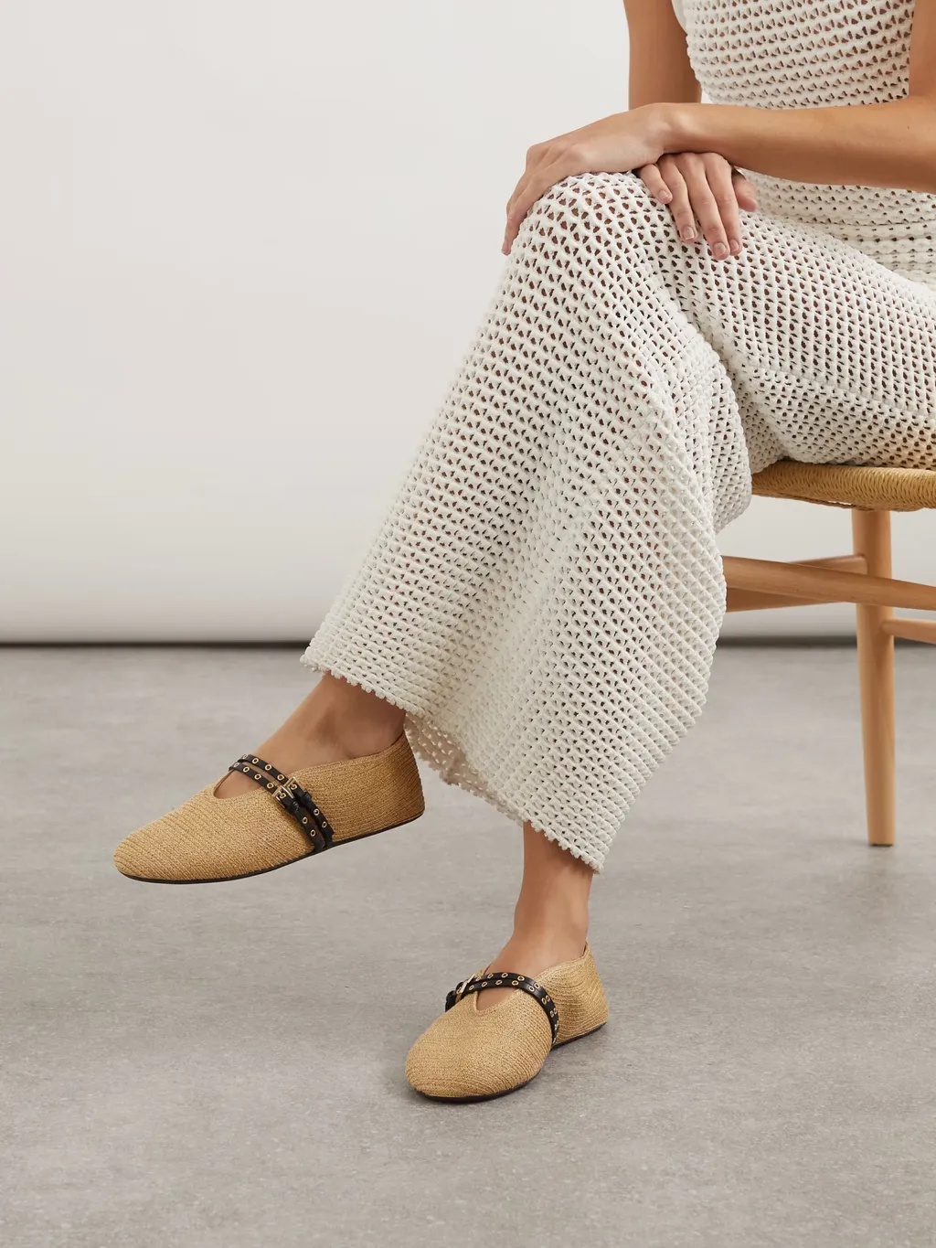 Leather-Trimmed Raffia Ballet Flats