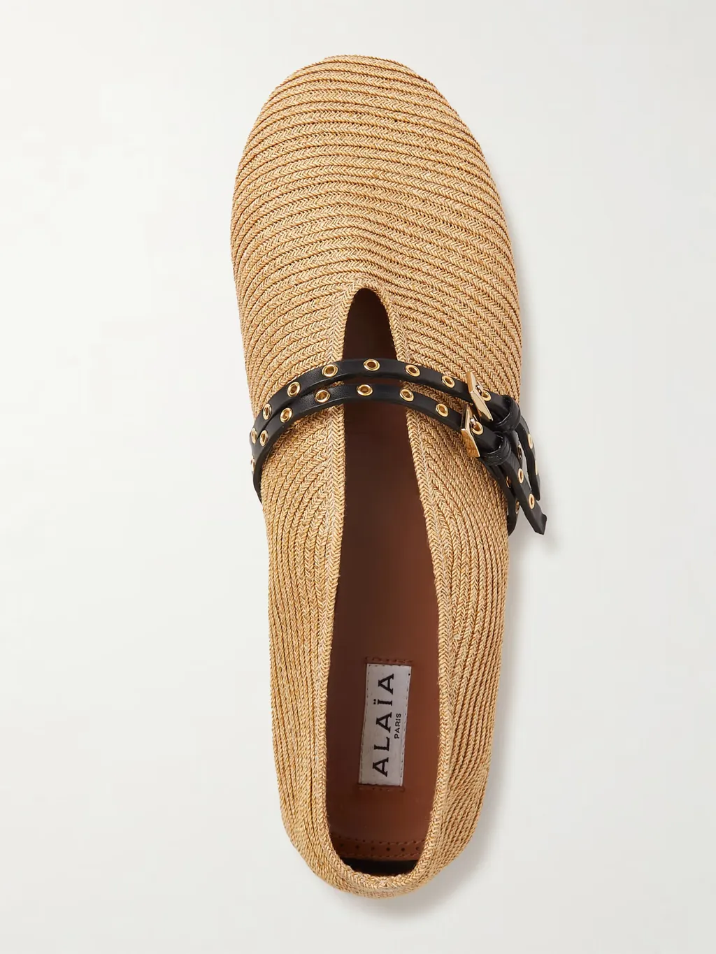 Leather-Trimmed Raffia Ballet Flats