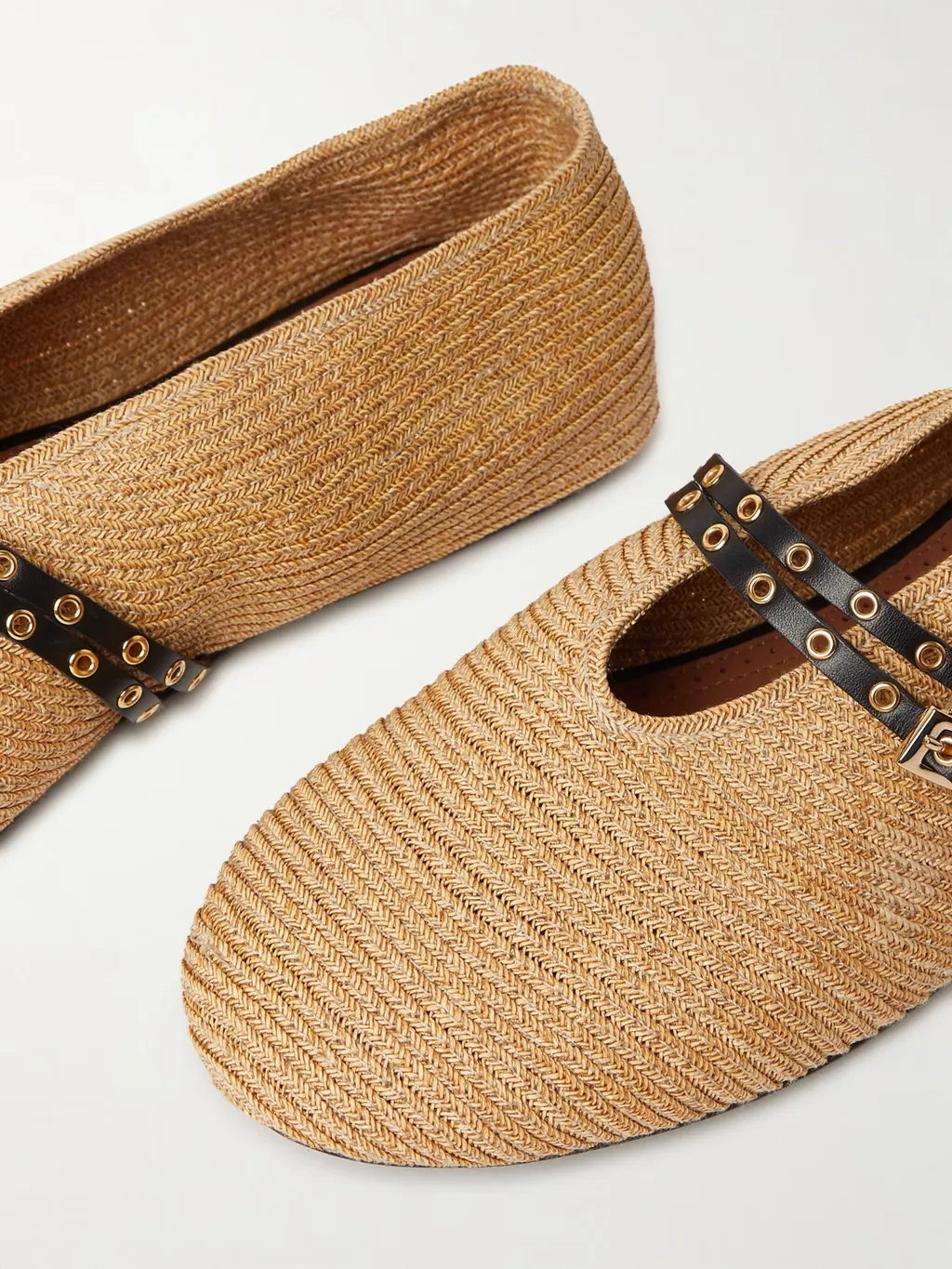 Leather-Trimmed Raffia Ballet Flats