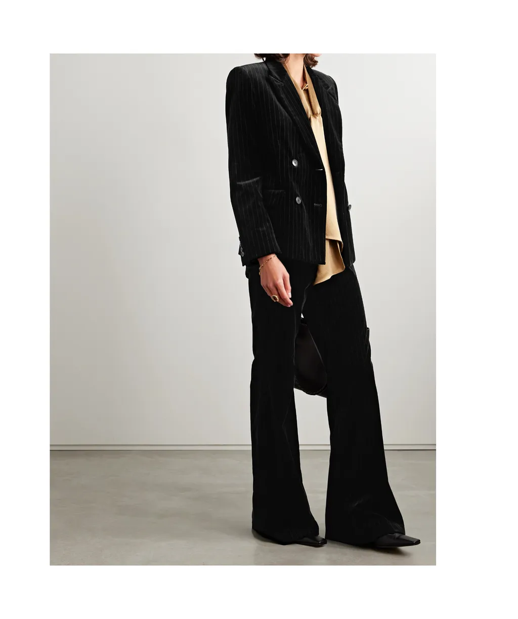 Double-Breasted Metallic Striped Blazer