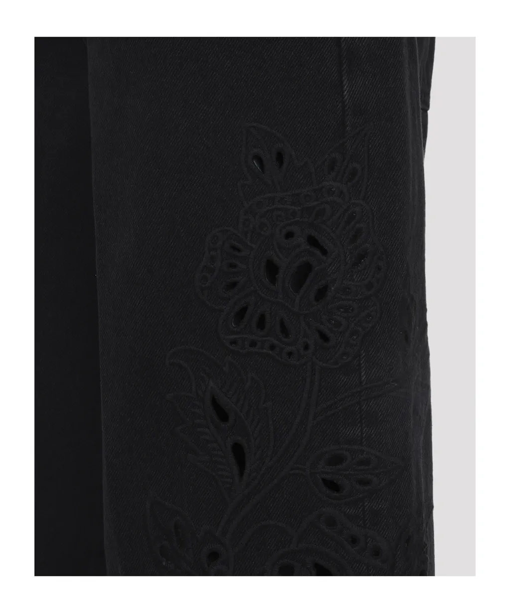 Floral-Appliqué Five-Pockets Jeans