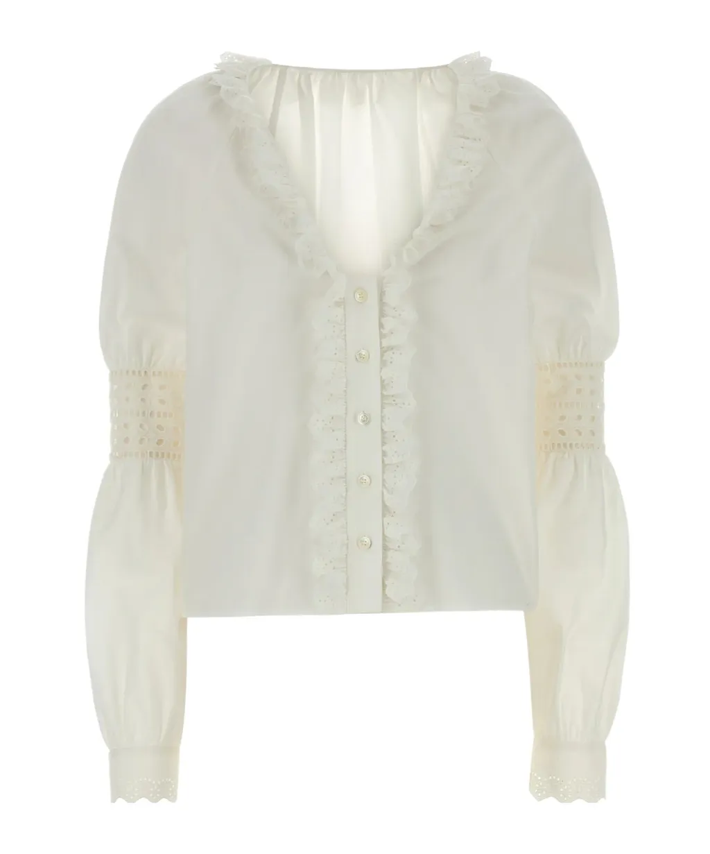 Alberta Ferretti V-Neck Ruffled Poplin Shirt