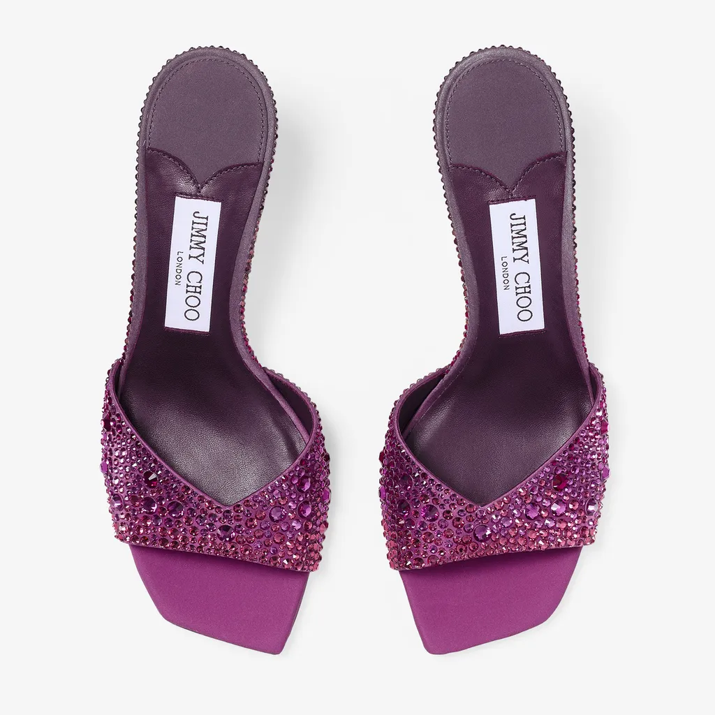 Winter Bloom And Violet Orchid Satin Mules With Degrade Crystal
