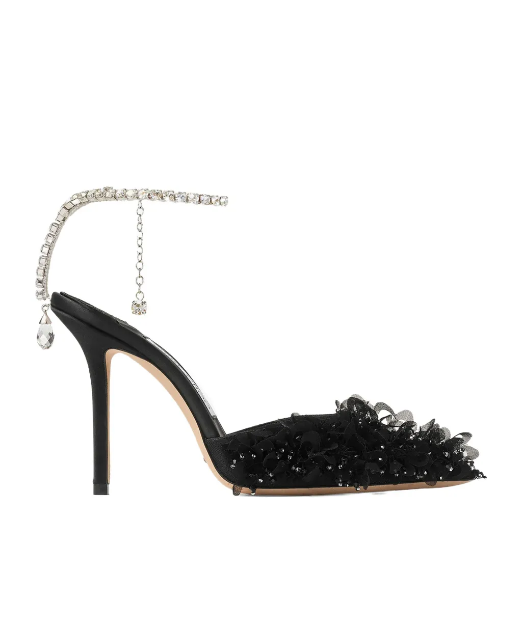 Black Mesh Pumps With Petal Embroidery And Crystal Chain