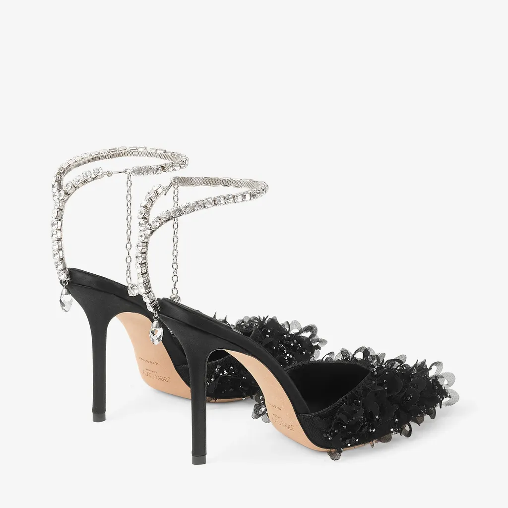 Black Mesh Pumps With Petal Embroidery And Crystal Chain