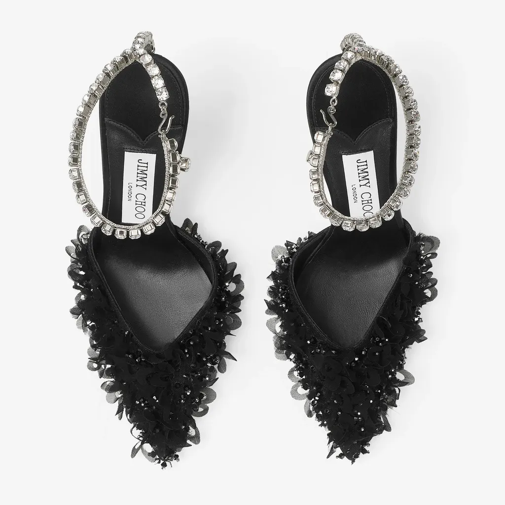 Black Mesh Pumps With Petal Embroidery And Crystal Chain