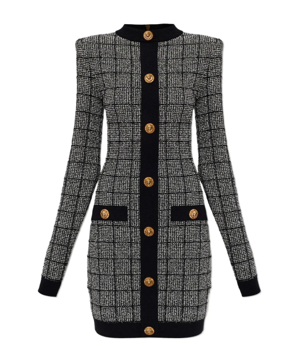 Balmain Tweed Long-Sleeve Dress