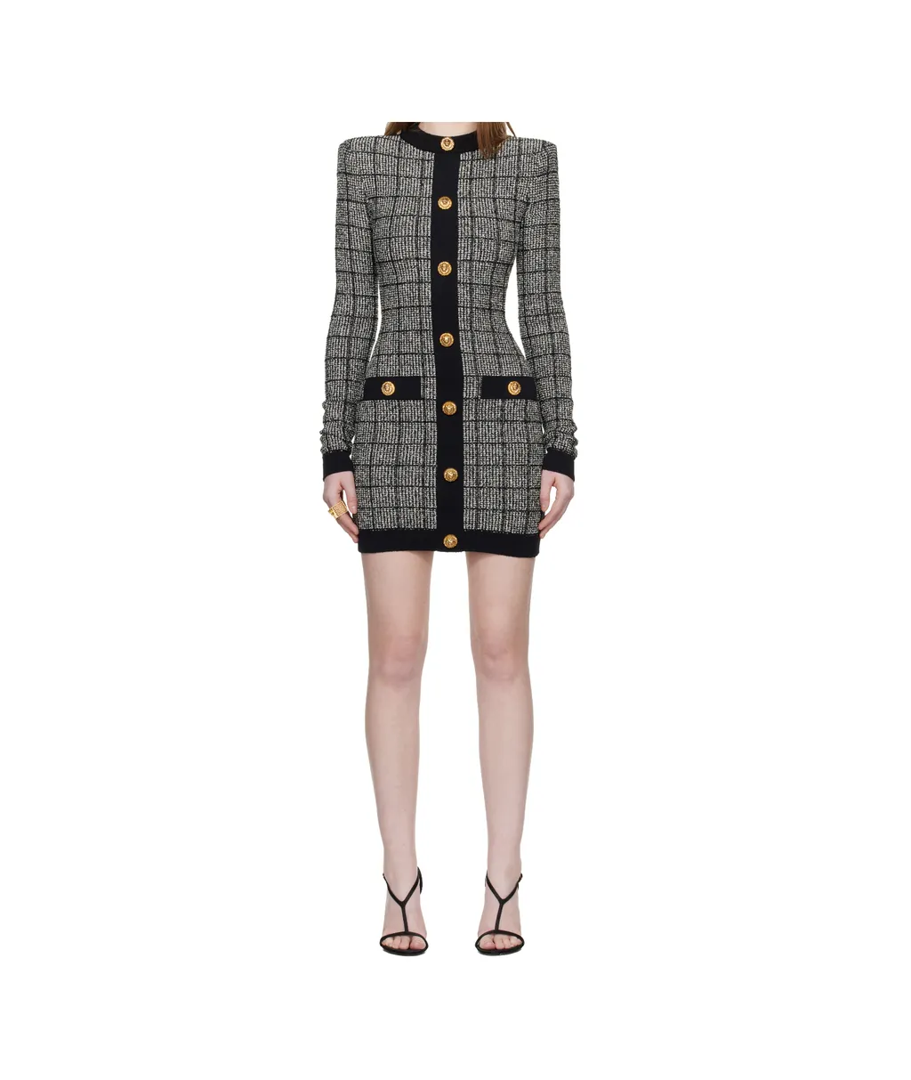 Balmain Tweed Long-Sleeve Dress