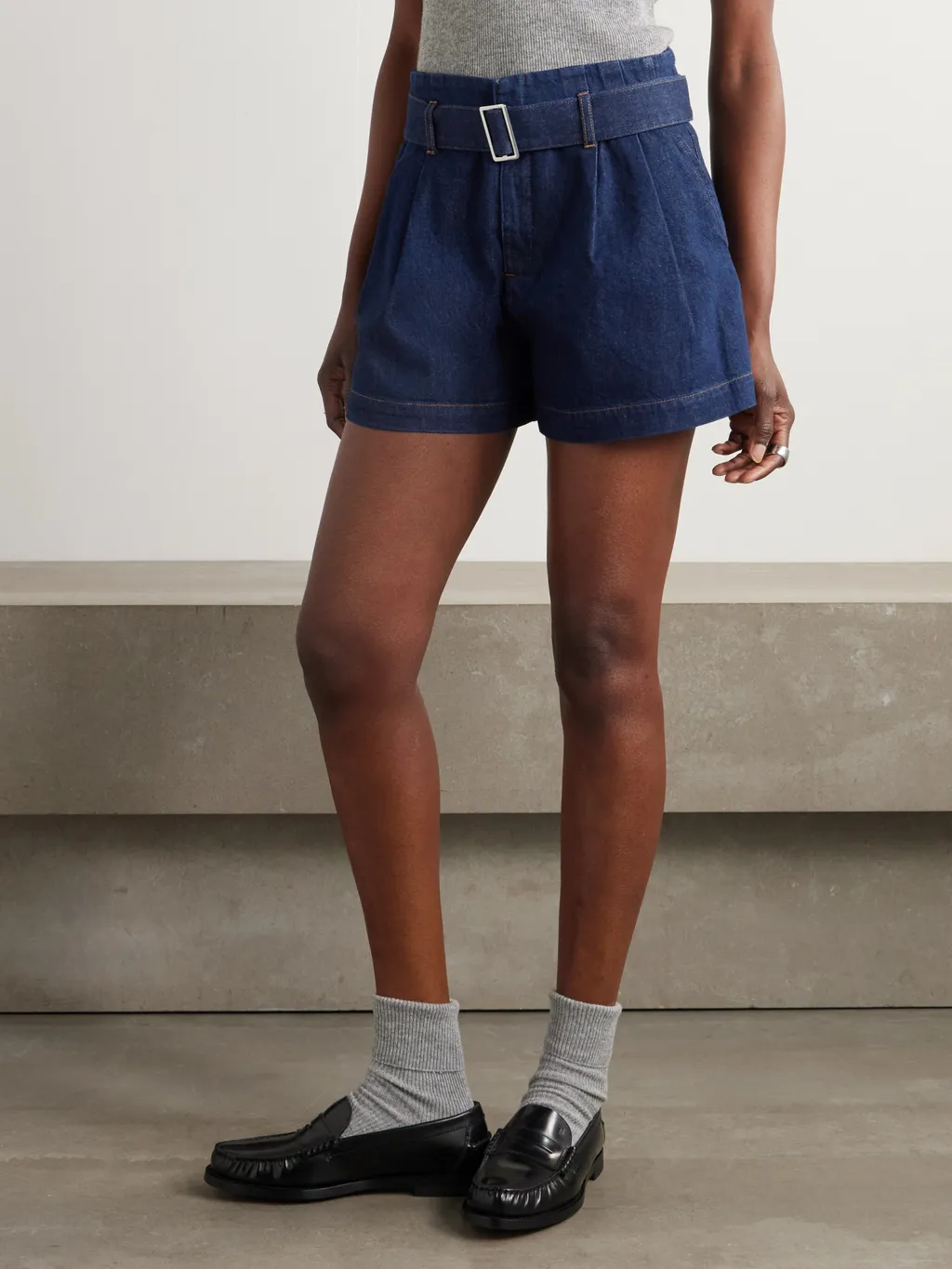 Belted Pleated Denim Shorts