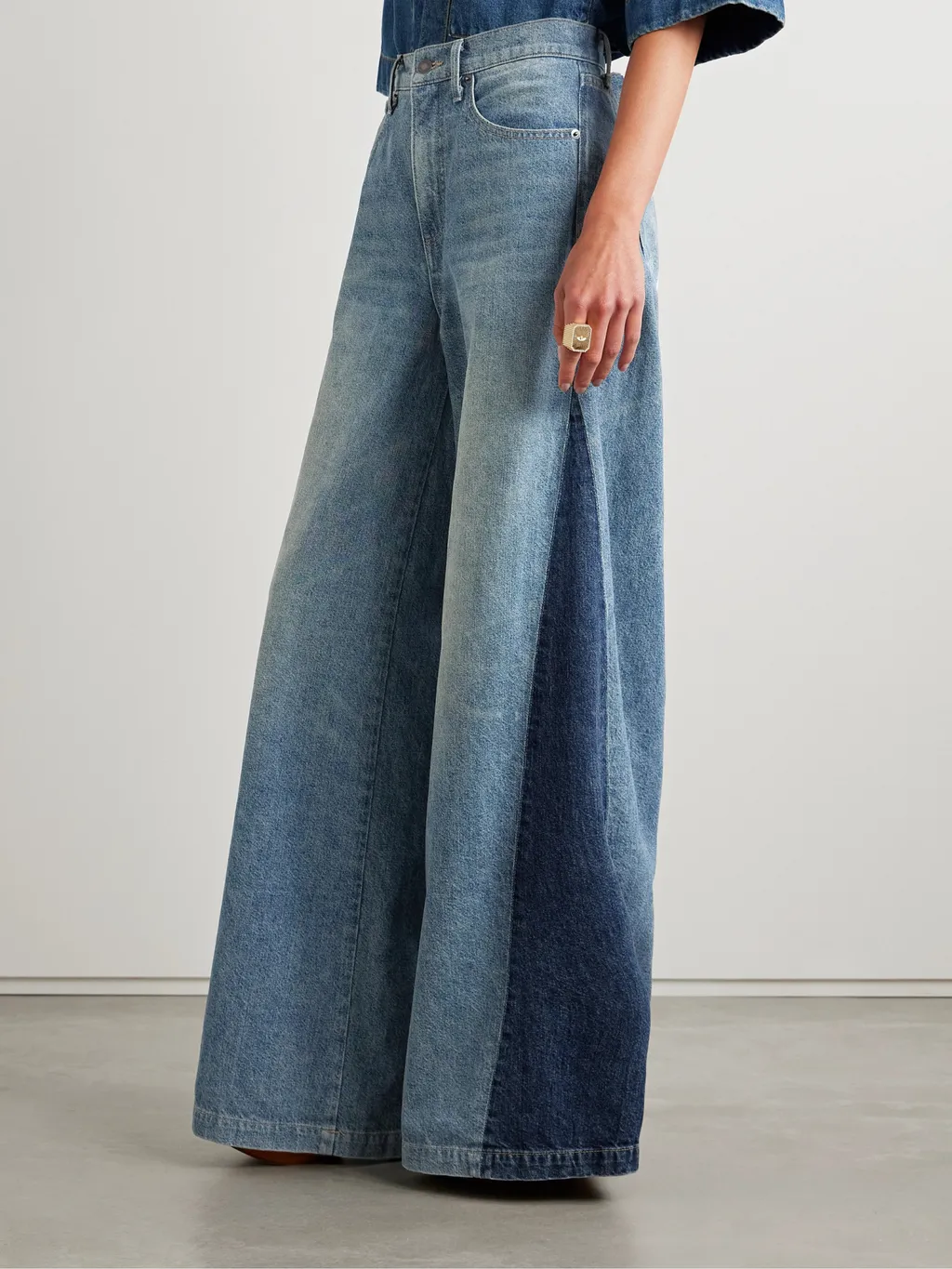 Ebony Paneled Two-Tone High-Rise Denim Trousers
