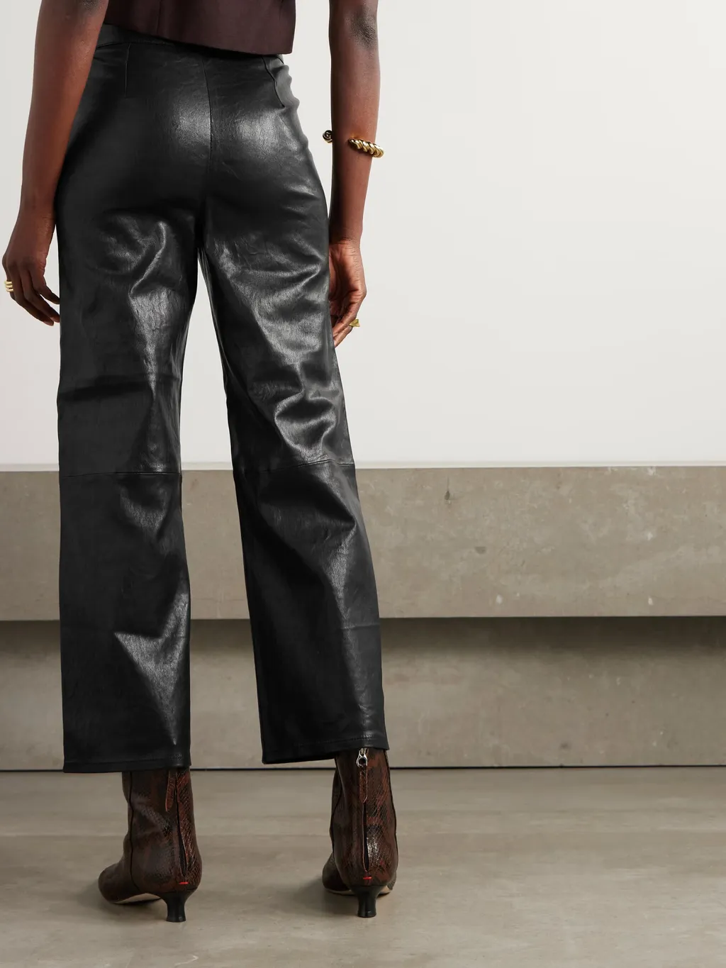 Ruffled High-Waisted Wide-Leg Nine-Inch Leather Pants